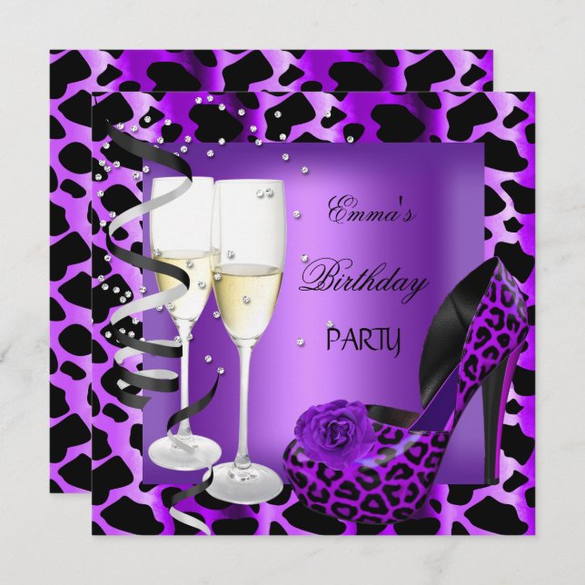 Birthday Party Purple Leopard Black Shoes Invitation (Front/Back)