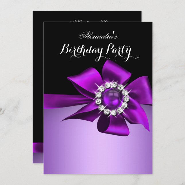 Birthday Party Purple Pearl Diamond Bow Invitation (Front/Back)