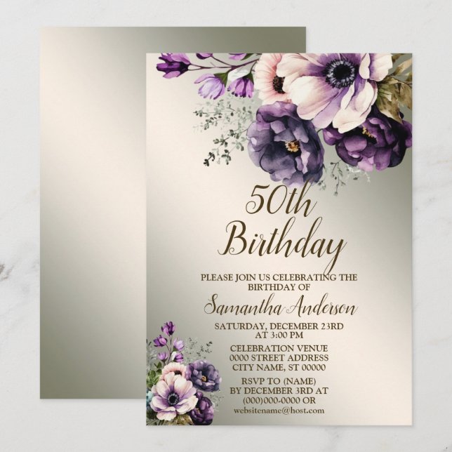 Birthday Party Purple Pink Flowers Golden Elegant Invitation (Front/Back)