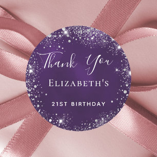 Birthday party purple silver glitter thank you classic round sticker