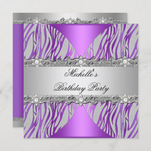 Birthday Party Purple Silver Grey Pearl Diamond Invitation