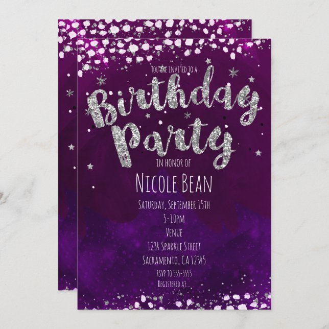 Birthday Party Purple & Silver Starry Invitations (Front/Back)