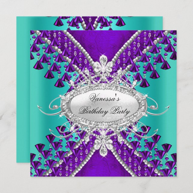 Birthday Party Purple Teal Blue Diamond Beads Invitation (Front/Back)