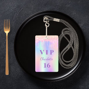 Birthday party rainbow glitter name VIP invitation ID Badge