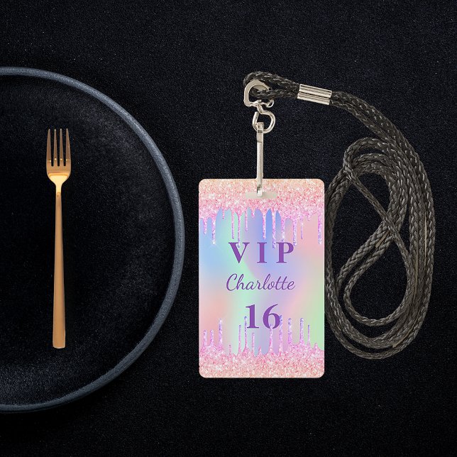 Birthday party rainbow glitter name VIP invitation ID Badge (Creator Uploaded)
