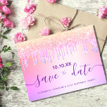 Birthday party rainbow glitter pink save the date postcard<br><div class="desc">A girly and trendy Save the Date card for a 21st (or any age) birthday party. A rainbow and unicorn coloured background in purple, pink, rose gold. Decorated with faux glitter drips in purple, pink and faux gold. Personalise and add a date and name/age 21. Purple coloured letters. The text:...</div>