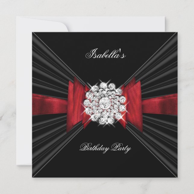 Birthday Party Red Black Diamond Red Bow Invitation (Front)