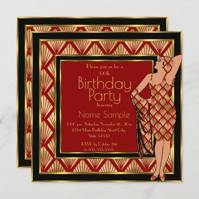 Birthday Party Red Black Gold Art Deco 1930 Lady 2 Invitation (Front/Back)