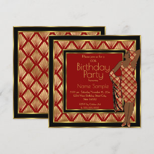 Birthday Party Red Black Gold Art Deco 1930 Lady Invitation