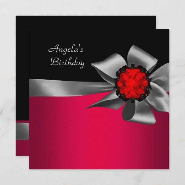 Birthday Party Red Black Red Jewel Grey Bow Invitation (Front/Back)