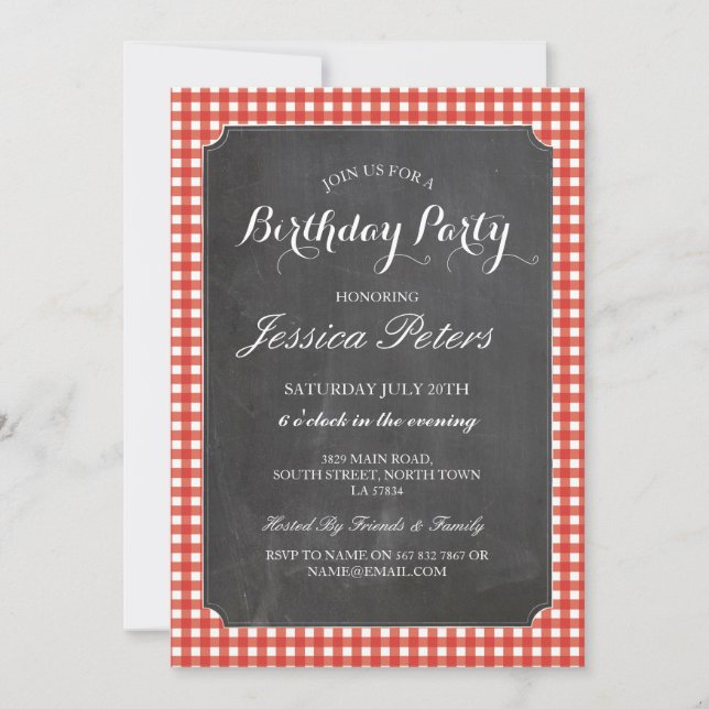 Birthday Party Red Check Rustic Chalk Invitation (Front)