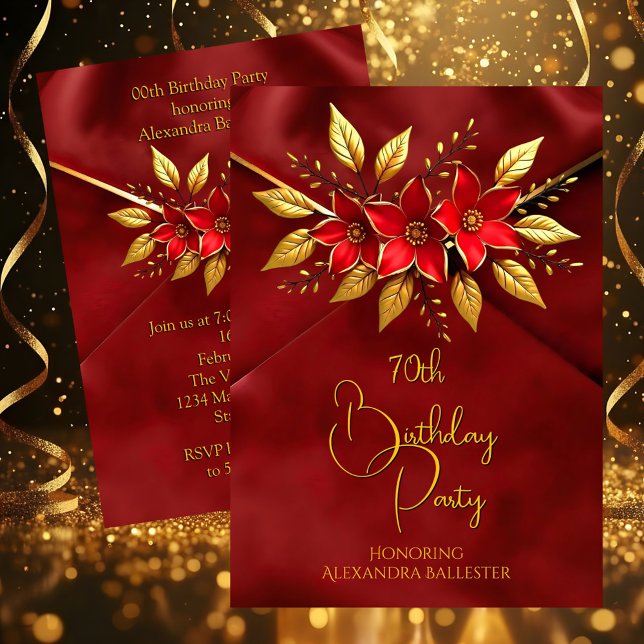 Birthday Party Red Flowers Faux Crush Velvet Gold Invitation (Creator Uploaded)