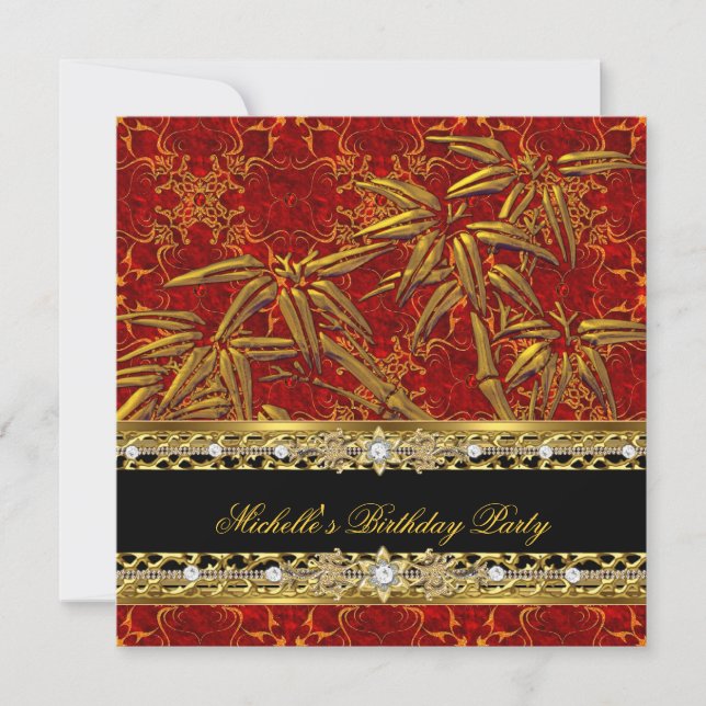 Birthday Party Red Gold Bamboo Damask Image Invitation (Front)