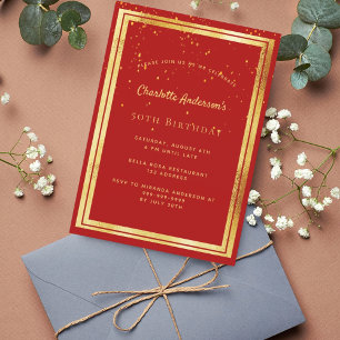 Birthday party red gold confetti sprinkle invitation