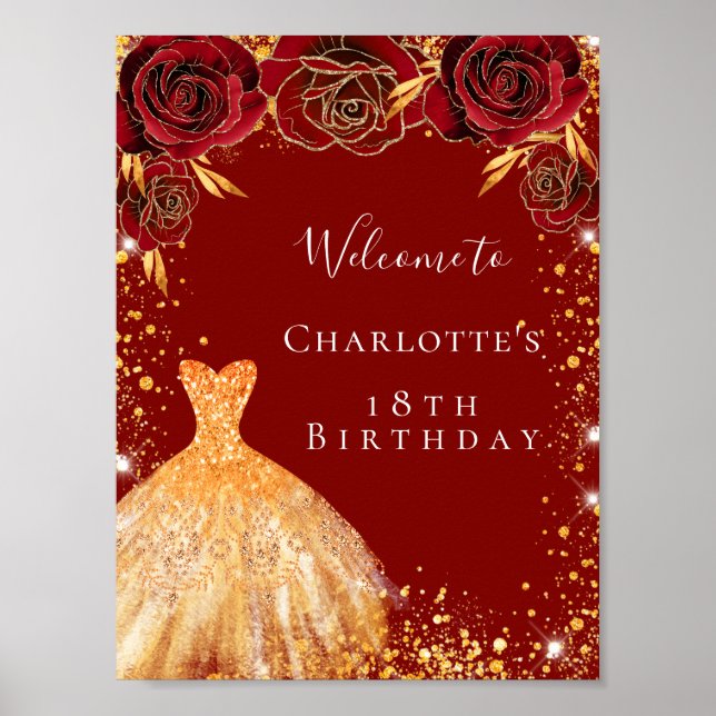 Birthday party red gold floral dress welcome poster (Front)