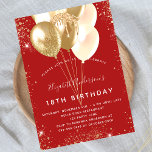 Birthday party red gold glitter balloons invitation postcard<br><div class="desc">For an elegant 18th (or any age) birthday party.  A trendy red background. Decorated with gold glitter,  sparkles and balloons.  Personalise and add a name,  age and party details. The name is written with a hand lettered style script</div>