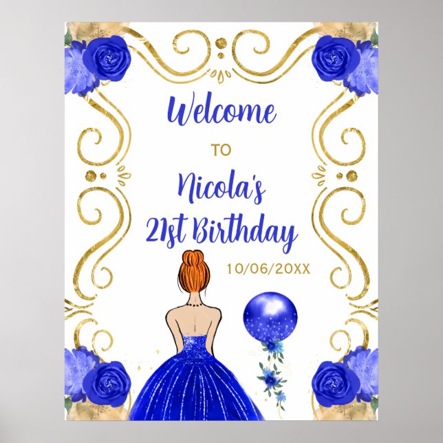 Birthday Party Red Hair Princess Blue Welcome Poster (Front)