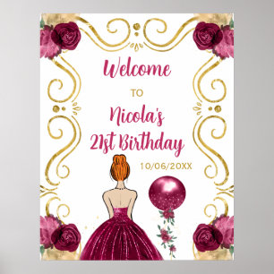 Birthday Party Red Hair Princess Dark Red Welcome Poster