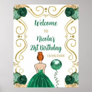 Birthday Party Red Hair Princess Green Welcome Poster