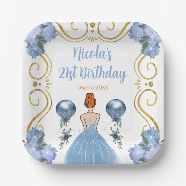 Birthday Party Red Hair Princess in Dusty Blue Paper Plate (Front)