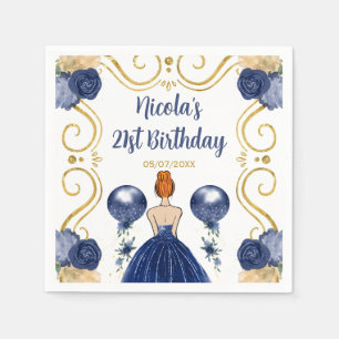 Birthday Party Red Hair Princess in Navy Blue Napkin