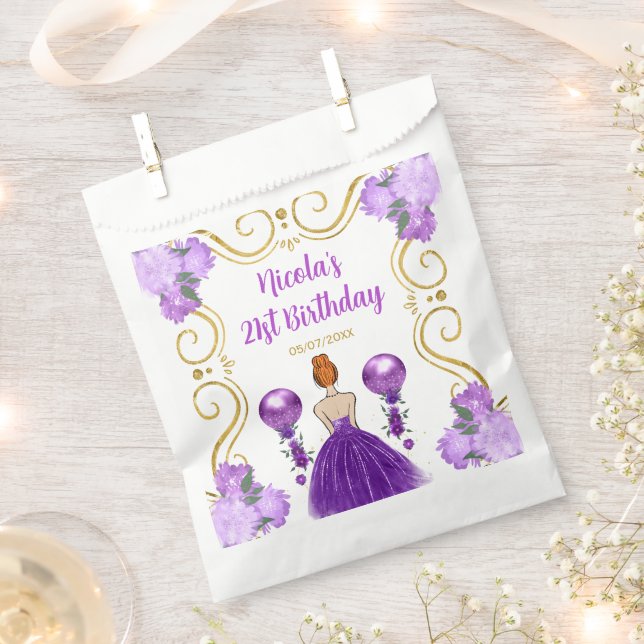 Birthday Party Red Hair Princess in Purple Favour Bags (Clipped)