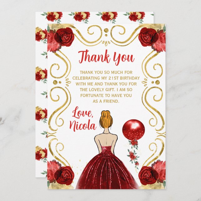 Birthday Party Red Hair Princess in Red Thank You Card (Front/Back)