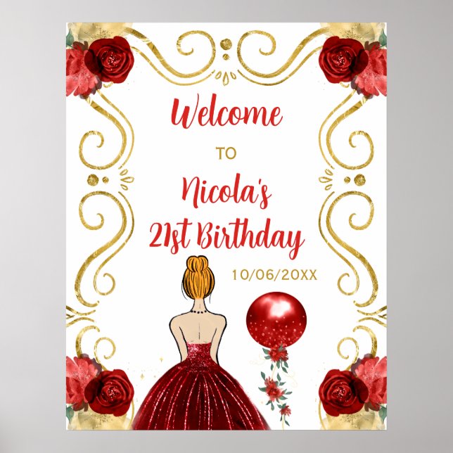 Birthday Party Red Hair Princess Red Welcome Poster (Front)