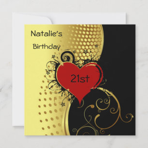 Birthday Party Red Heart Gold and Black Invitation
