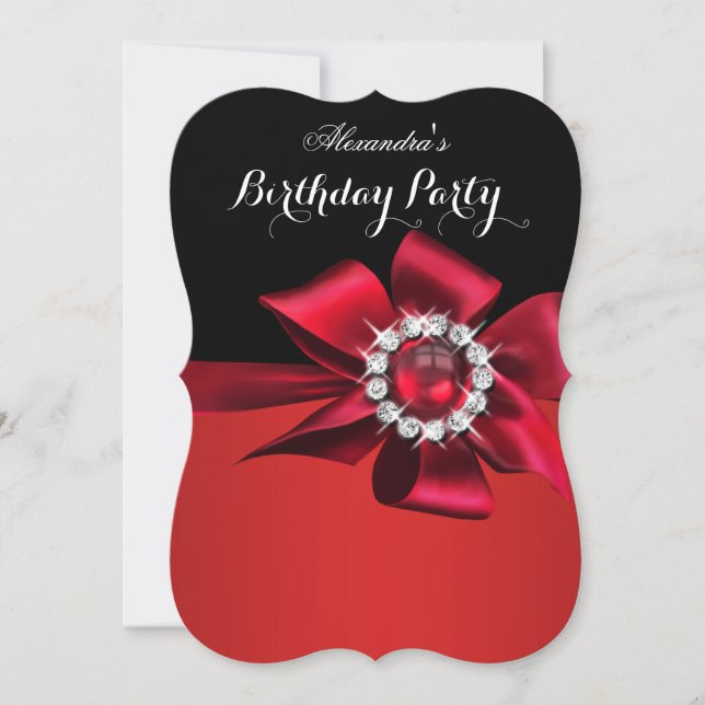 Birthday Party Red Pearl Diamond Bow Invitation (Front)