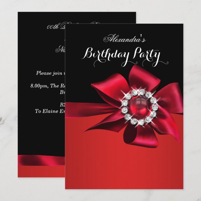 Birthday Party Red Pearl Diamond Bow Invitation (Front/Back)