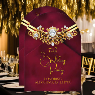 Birthday Party Red Plum Faux Velvet Gold Diamonds Invitation