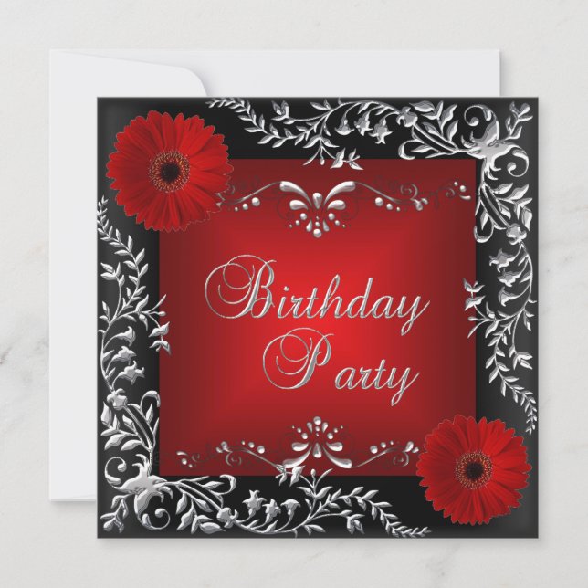 Birthday Party Red Silver Floral Black Invitation (Front)
