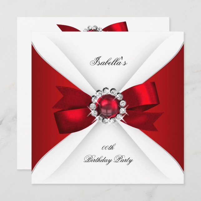 Birthday Party Red White Diamond Red Bow 2 Invitation (Front/Back)