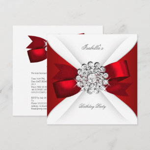 Birthday Party Red White Diamond Red Bow Invitation