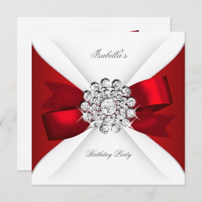 Birthday Party Red White Diamond Red Bow Invitation (Front/Back)