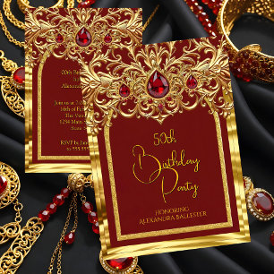 Birthday Party Regal Red Gold Lace Diamonds Gems Invitation