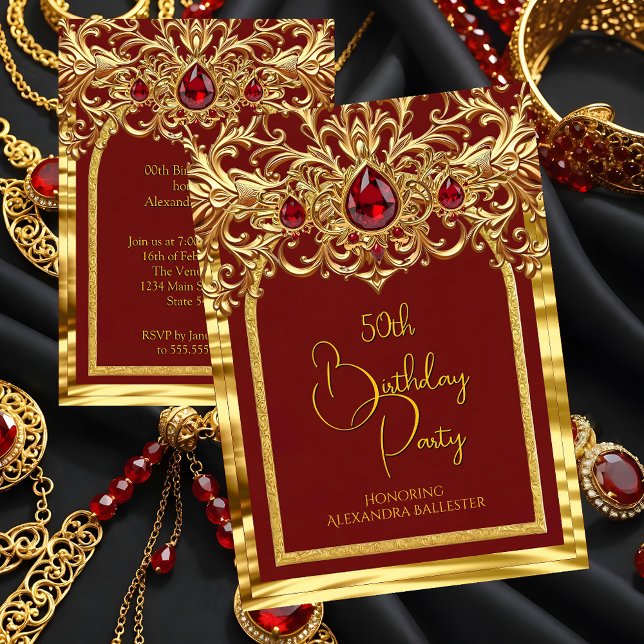 Birthday Party Regal Red Gold Lace Diamonds Gems Invitation (Creator Uploaded)