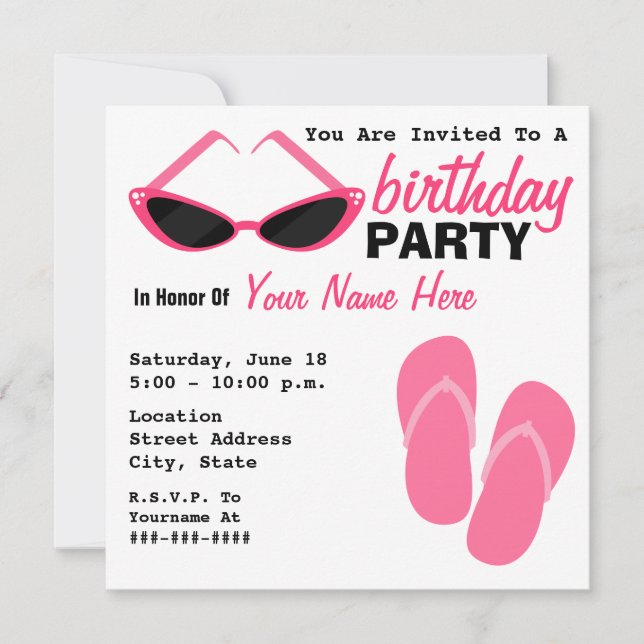 Birthday Party Retro Cat Eye Sunglasses Flip Flops Invitation (Front)