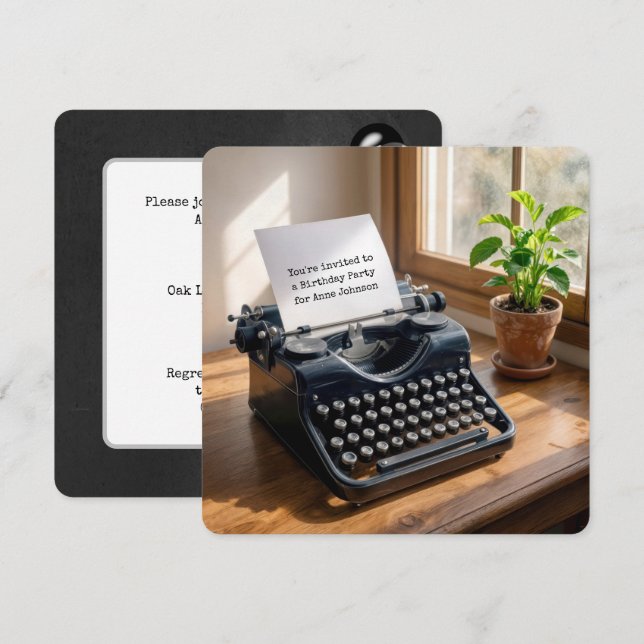 Birthday Party Retro Typewriter by a Window Invitation (Front/Back)