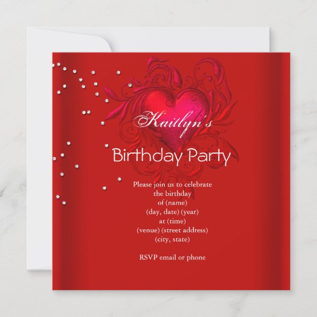 Birthday Party Rich Red Heart Invitation (Front)