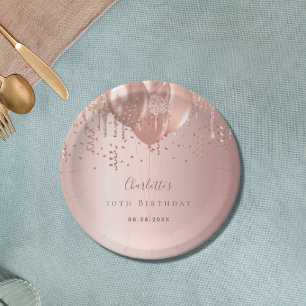 Birthday party rose gold balloons name paper plate