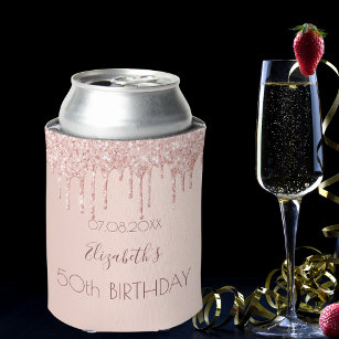 Birthday party rose gold blush glitter drips can cooler