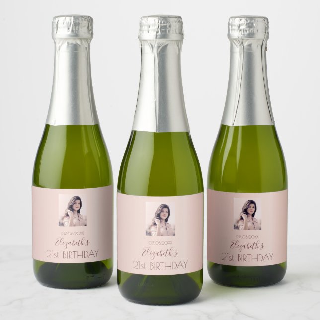 Birthday party rose gold blush photo sparkling wine label (Bottles)