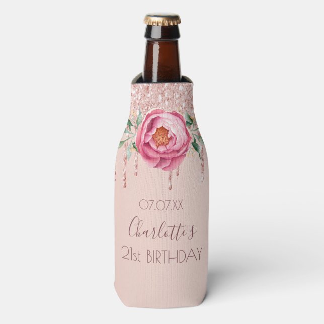 Birthday Party rose gold blush pink glitter floral Bottle Cooler (Bottle Front)