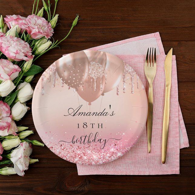 Birthday party rose gold blush pink glitter name paper plate (Creator Uploaded)