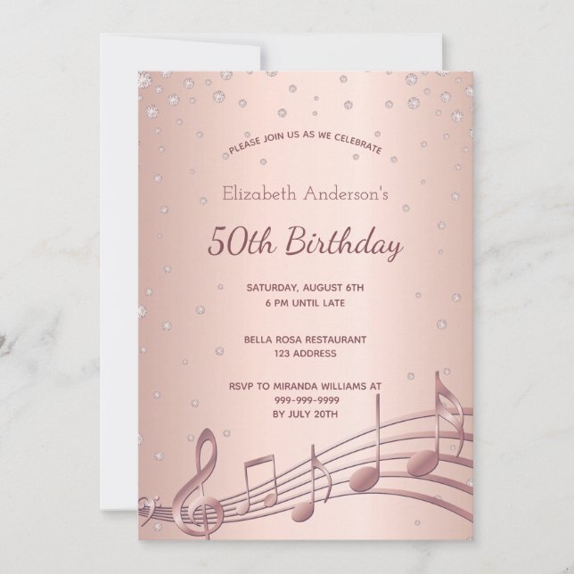 Birthday party rose gold diamonds music invitation (Front)