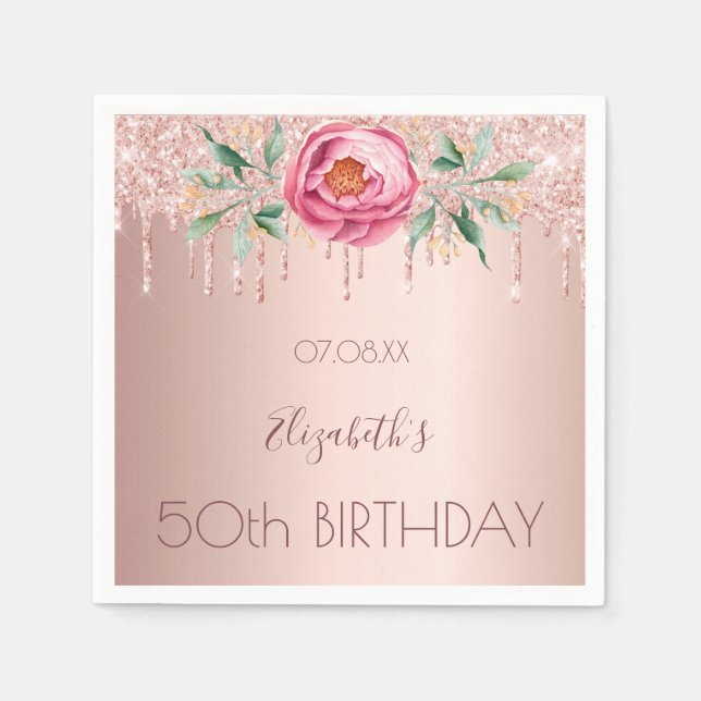 Birthday party rose gold drips pink floral napkin (Front)