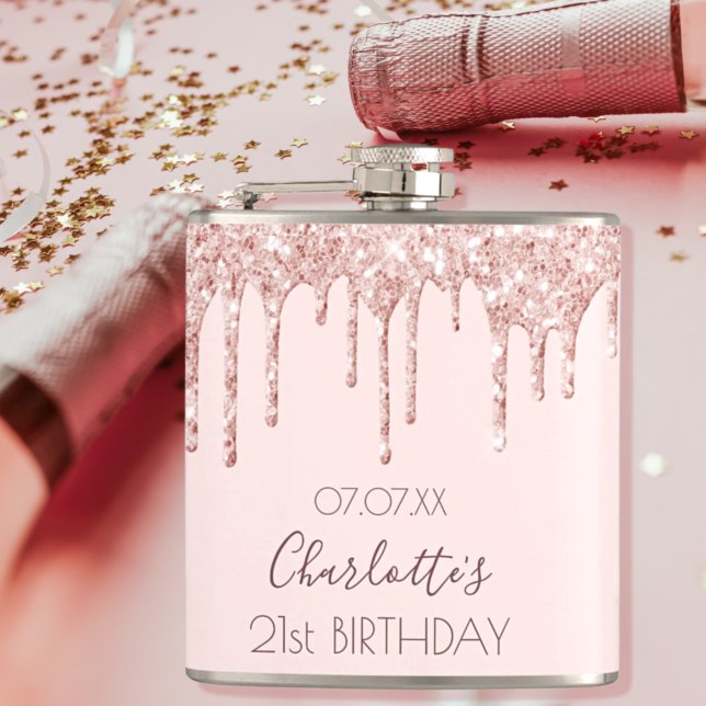 Birthday party rose gold drips pink hip flask (Creator Uploaded)