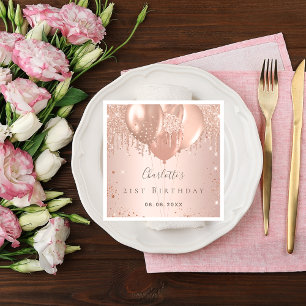 Birthday party rose gold glitter balloons name napkin